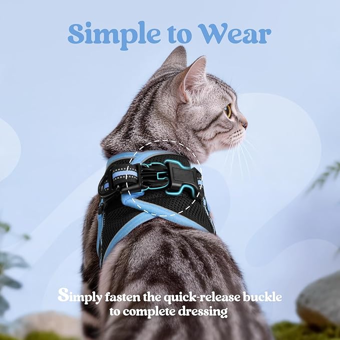 rabbitgoo Cat Harness and Leash Set for Walking Escape Proof, Adjustable Soft Kittens Vest with Reflective Strip for Cats, Comfortable Outdoor Vest, Black & Light Blue, M