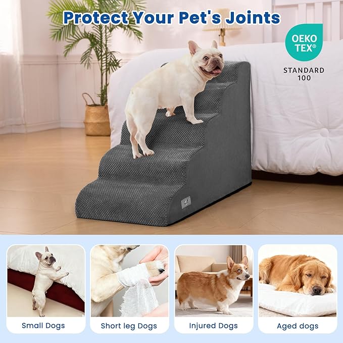 Airpanda 5 Step Dog Stairs for High Bed – Pet Steps for Small Dogs, Non-Slip Dog Ramp with Washable Cover, Pet Ladder for High Beds,Grey