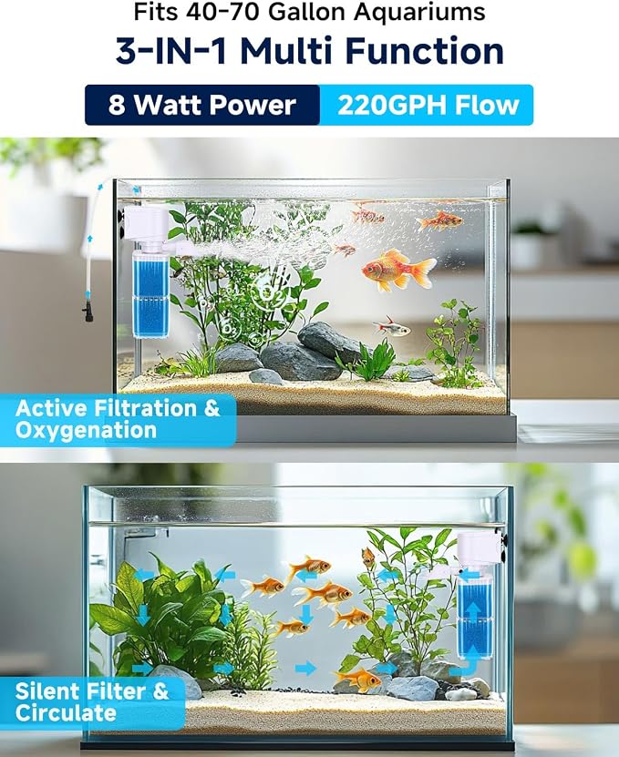 fishkeeper 4-in-1 Mutil Stage Aquarium Power Filter, 6W/8W/13W, 20-100Gal | Quiet Submersible Fish Tank Filter with Filtration/Bubbler/Oxygenation/Wavemaker Function, Adjustable Air Flow, Sponge Filter