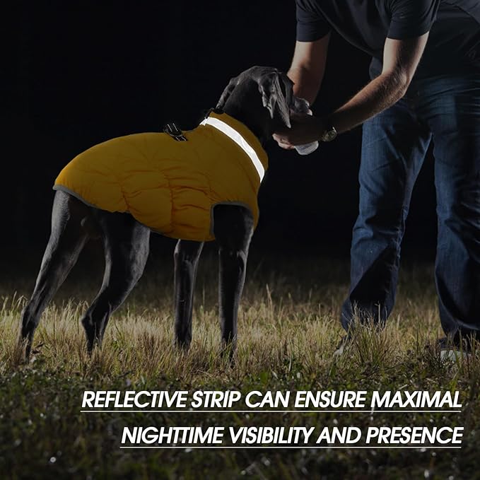 FUAMEY Dog Coat for Large Dogs,Waterproof Dog Winter Jacket with Harness Built in Puppy Cold Weather Coats Reflective Pet Vest with Zipper Warm Fleece Dogs Snowsuit Windproof Yellow XL