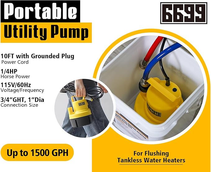 Tankless Water Heater Flushing Kit Includes 1/4HP Submersible Sump Pump with Two Adapters & 3 Gallons Pail with Bucket Lid Opener & Two 1/2” Dia X 6’ PVC Hoses with Washers
