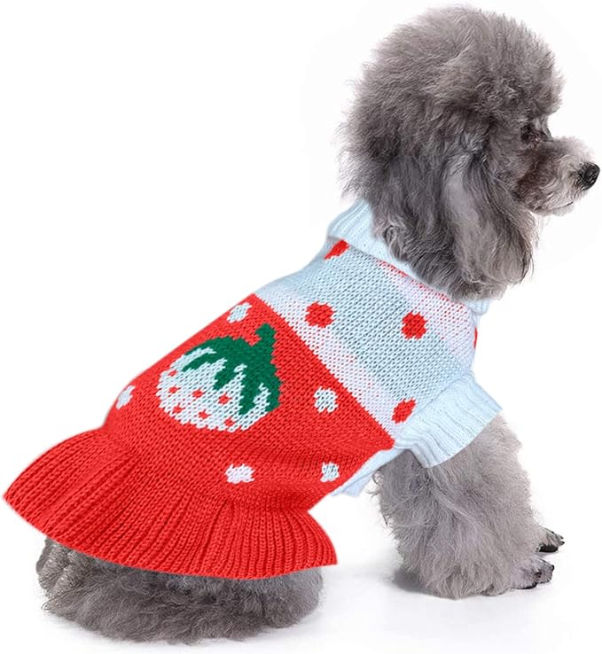 CHBORCHICEN Pet Dog Sweaters Classic Knitwear Turtleneck Winter Warm Puppy Clothing Cute Strawberry and Heart Doggie Sweater (XXS, Dress-Red1)