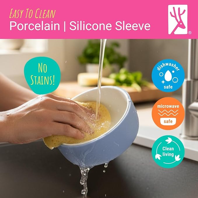 Elk and Friends Kids Porcelain Bowls with Silicone Sleeves | Suitable for Babies/Toddlers | Microwave & Dishwasher Safe | Non Slip Dinnerware | Snack Dishes | 4 Pack