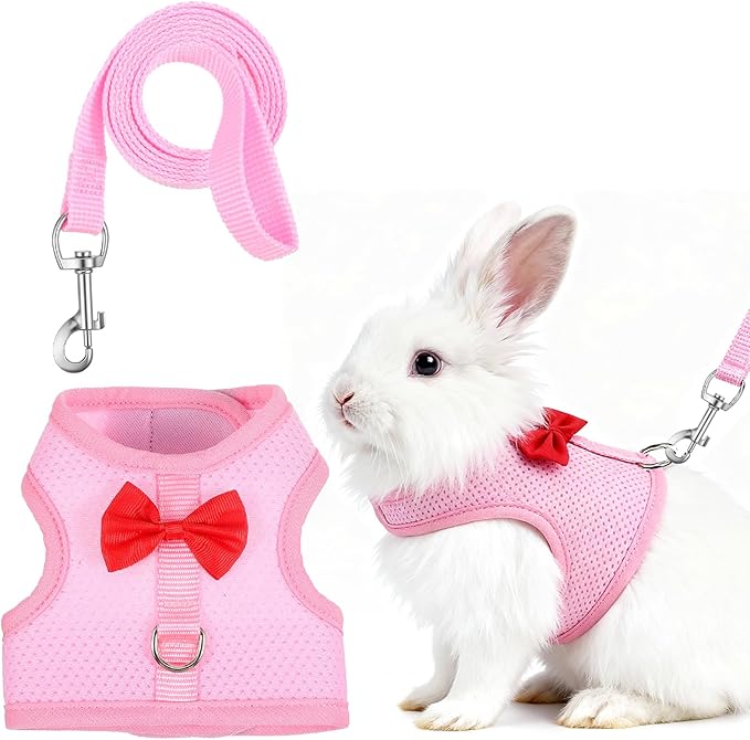 Breathable Rabbit Harness and Leash Set, Rabbit Harness and Bunny Leash Set, Soft Breathable Mesh VestHarness for Rabbits, Kitten, Ferret, Small Pig, Puppy, Small Pets (Pink,M)