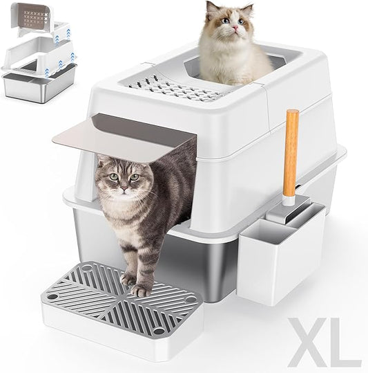 Aphyxen Stainless Steel Litter Box with Lid, XL Extra Large Enclosed Cat Litter Box Fits All Cats Modular Design with Flip Cover, Top Entry Metal High Sided Cat Box & Pedal & Scoop (White)