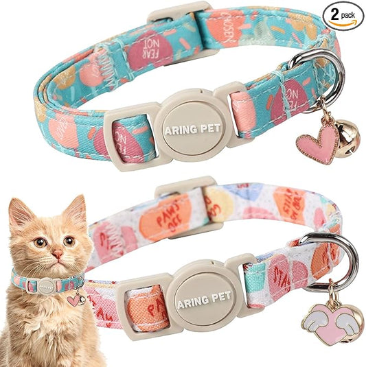 ARING PET 2 Pack Valentine's Day Cat Collars-Cute Heart Cat Collar Breakaway with Bell&Pendant, Adjustable Valentine Kitten Collars with Safety Buckle for Girl and Boy Cats