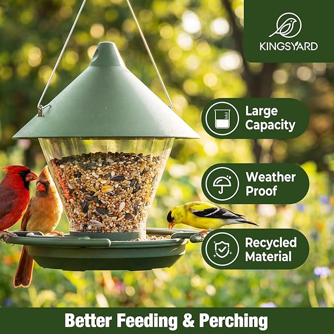 Kingsyard Wild Bird Feeder for Outdoors Hanging, No-Waste Tray with Seed Guard & Circular Perch, Garden Yard for Cardinal Finch, 4 lb Large Capacity, Green