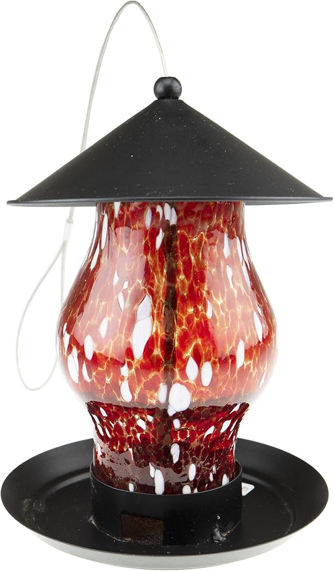 CLEVER GARDEN Glass Bird Feeder, Hanging Outdoor Decoration for Wild Birds, Red Cylinder
