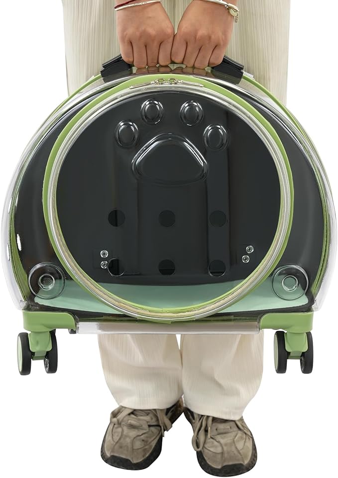 Cat Carrier with Wheels, Breathable Cat Rolling Carrier with Telescopic Handle, Bubble Cat Backpack Carrier, Pet Travel Bag for Small Dogs Pets, up to 19lbs, 15.7" x 10.6" x 17.7" (Green)
