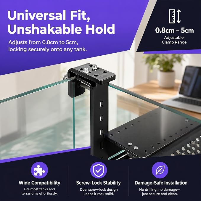 Turtle Basking Platform, Adjustable, Acrylic, Non-Slip Ramp, 0.3"–2" Rim | Heat-resistant acrylic, stable non-fall basking platform, adjustable height, fits 0.3–2" rims, draining anti-slip ramp