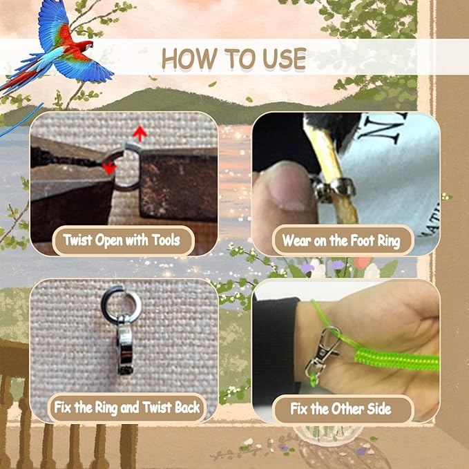 Bird Leash, Anti-Bite Parrot Harness Retractable Bird Flying Rope with 3Pcs Different Sizes of Foot Rings, Elastic String Training Harness Parrot Flight Rope (Blue, 118 Inches)