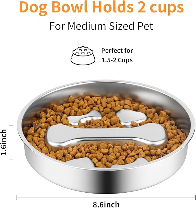 Novery Slow Feeder Dog Bowl - 2 Cups Stainless Steel Dog Slow Feeder Food Bowl, Metal Non-Slip Lick Plate,Puppy or Cat Food Holder,Pet Supplies,Puzzle Maze Dish for Medium Sized Breeds