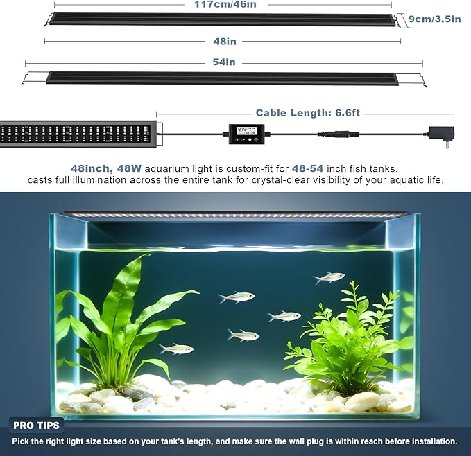 LED Aquarium Light Full Spectrum Fish Tank Light with RGB Brightness/Color Stepless Adjustment, 24/7 Day-Night Cycle Mode, Auto On/Off Timer, IP68 Waterproof (48W for 48'' - 54'' Tank)