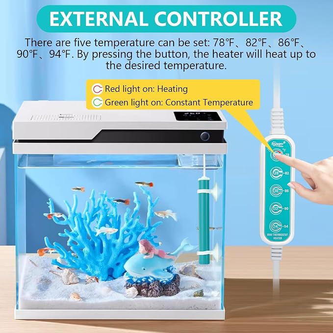 hygger Mini Submersible Aquarium Heater, Turtle and Betta Fish Tank Heater with Five-Key External Controller 78℉、82℉、86℉、90℉、94℉ for Freshwater Small Tank