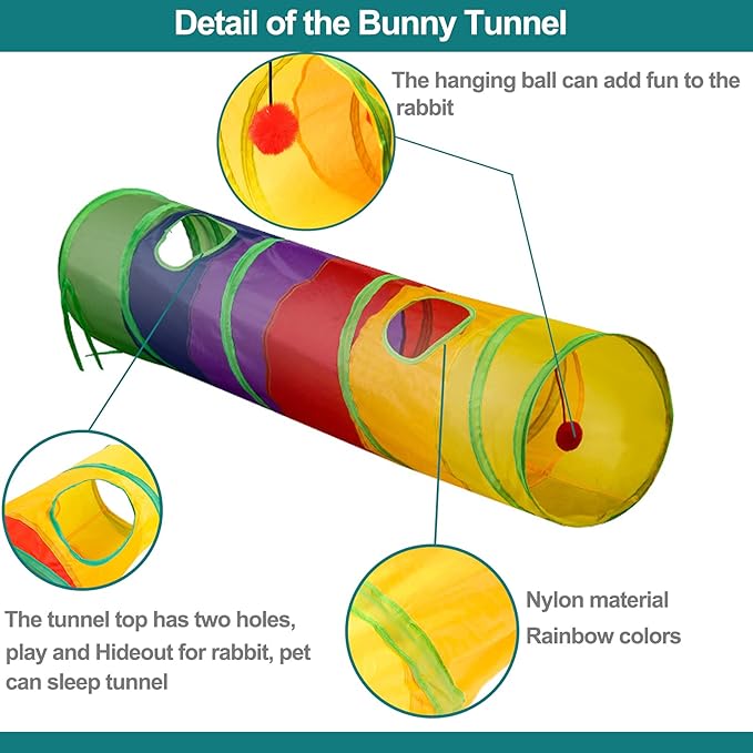 Rabbit Toys, Large Bunny Hideout Tunnel and Tube with Chew Toys for Grinding Teeth Apple Sticks Bamboo Carrot Loofah and Grass Ball for Rabbit Guinea Pig Chinchilla Ferret Rat