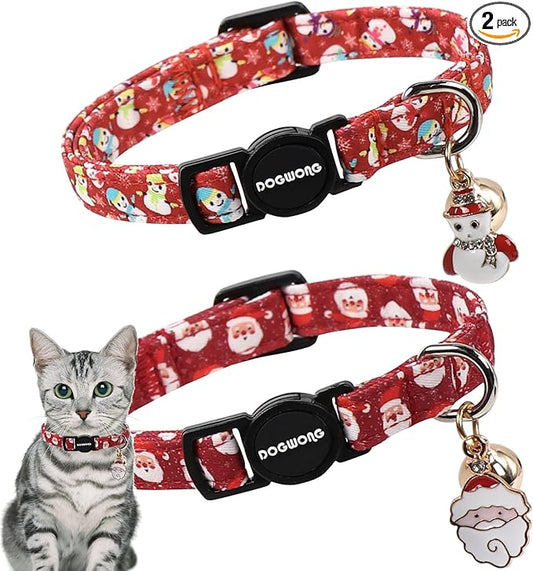 2 Pack Christmas Cat Collars Breakaway with Bell, DOGWONG Safety Buckle Santa Claus Christmas Tree Cute Cat Collar for Girl Boy Cats，Adjustable 7-12 Inch