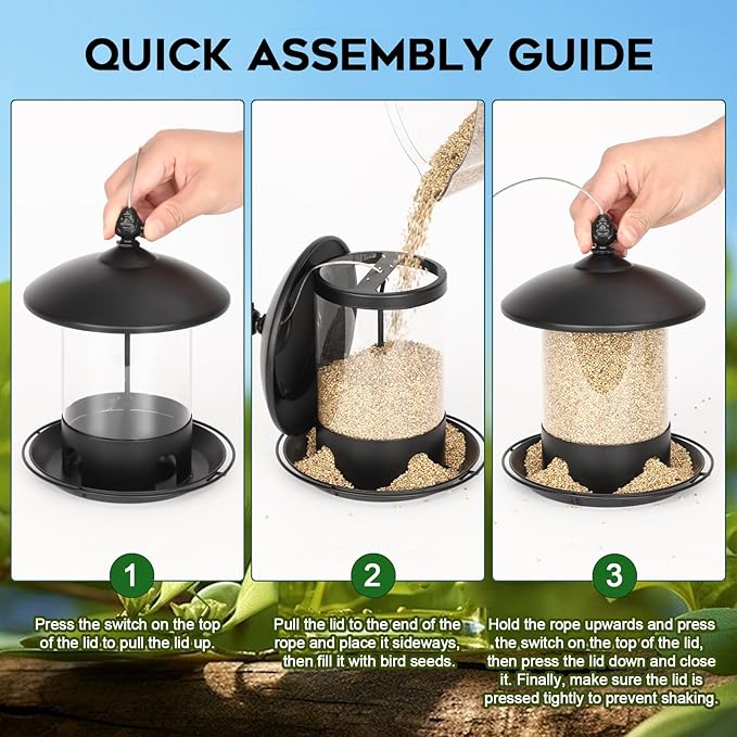 Gbekery Metal Bird Feeders for Outdoors Hanging, Weather Resistant Wild Bird Feeder with 360 Degree Feeding Tray, Black