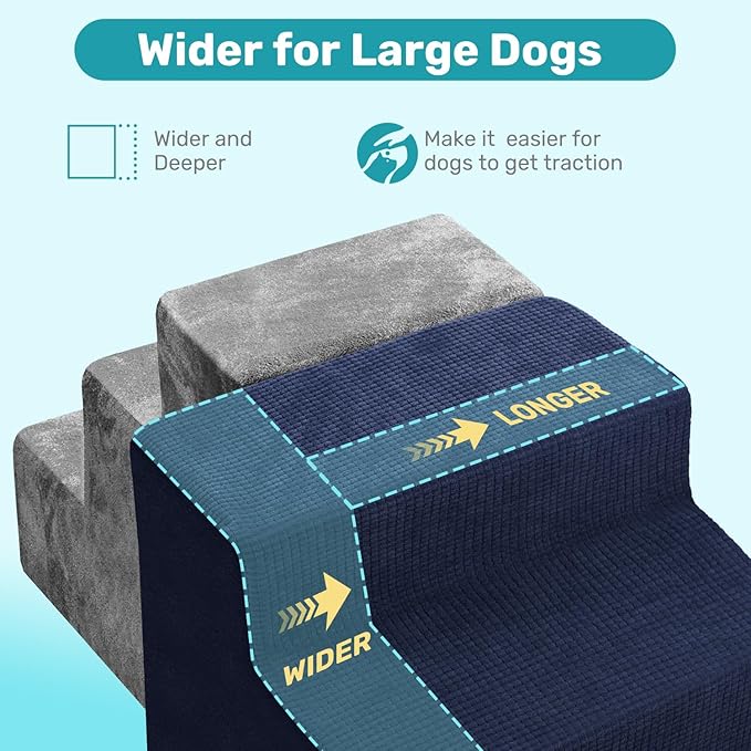 Dog Stairs for Bed, Extra Wide 4-Step Dog Steps for High Bed, High-Density Foam Pet Stairs with Non-Slip Removable Washable Cover for Small Pets, 18" H, Navy