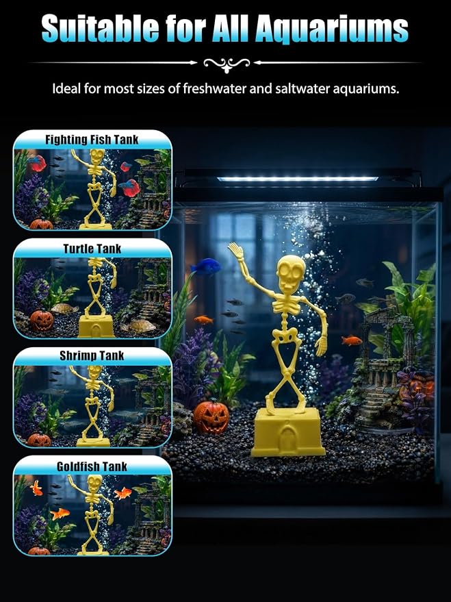 Dancing Skeleton Aquarium Bubbler, Halloween Fish Tank Decor(Yellow) | Adjustable airflow with 1m hose & valve. Safe resin, for freshwater/saltwater tanks. Air pump not included.