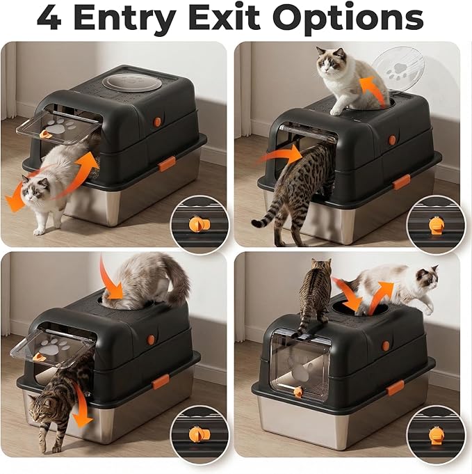 24″Lx16″Wx15″H Non-Stick Stainless Steel Litter Box with Lid, No-Mess Odor Control Anti-Leak Cat Litter Box, 3-in-1 Fully Enclosed High-Sided Litterbox with Flip Top (Black)