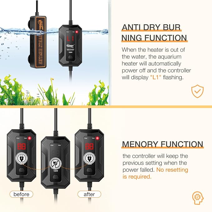 hygger Smart Mini Aquarium Heater 150W for 15-40 Gallons, Desktop Betta Submersible Fish Tank Heater with Intelligent Temperature Control and 5 Safety Protections