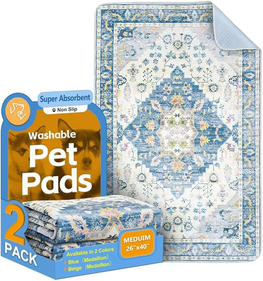 Washable Pee Pads for Dogs, 2 Pack Reusable Puppy Training Pads 40"x26" Super Absorbent Waterproof Dog Training Pads, Non-Slip Potty Pads, Whelping Pads Litter Mat Blue Medallion