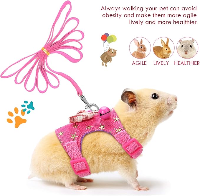SATINIOR 2 Pieces Small Hamster Harness and Leash Set, Ferret Guinea Pig Clothes with Bowknot and Bell Decor, No Pulling Comfort Padded Vest Striped for Rats Bunny Rabbit Small Animals(S,Black, Pink)