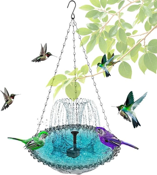 Hanging Solar Bird Bath Fountain with Solars Pump & Bowl & Chains Large Humming Solar Water Fountains with Flowing Water for Outdoor Garden Backyard Patio Lawn(Blue)