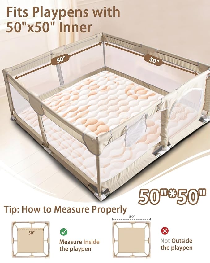 Baby Play Mat, 50x50 Mat with Super Soft Touch, Activity Mat with Upgraded Anti-Slip Bottom, Machine Washable Crawling Mat for Floor & Picnic(Beige Line)