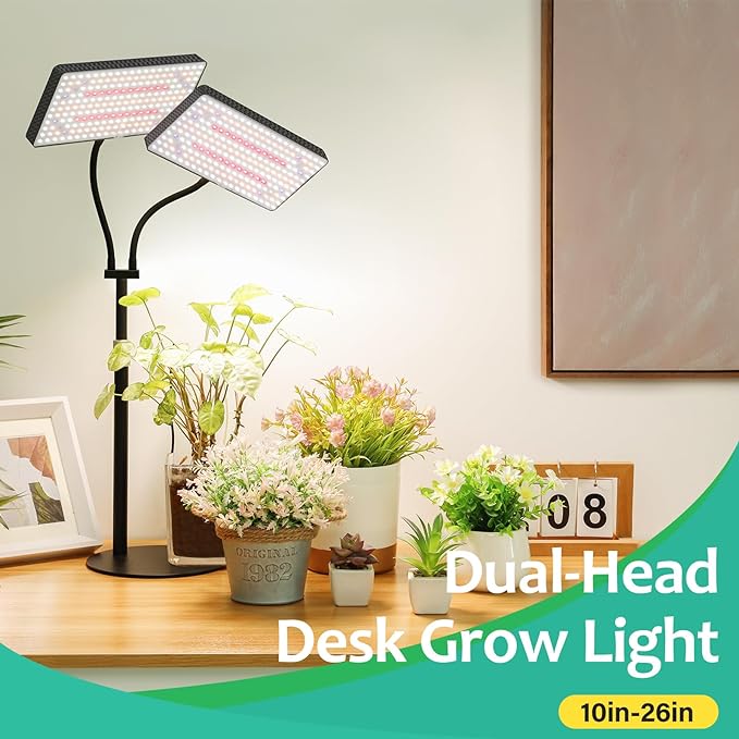 LBW Desk Grow Lights for Indoor Plants, 428 LEDs Full Spectrum Plant Light | 2-Head Tabletop Grow Light, 3/6/12H Auto Timer, 6 Brightness Levels,10-26" Height Adjustable, 3 Light Control Modes