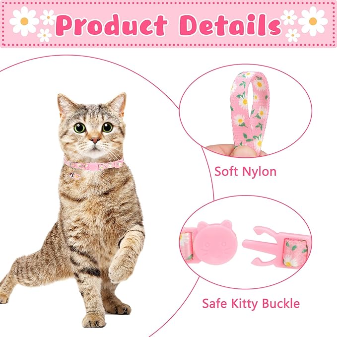 Breakaway Cat Collars with Bell & Cute Pendants, 3 Pack Safety Buckle Kitten Collars, Adjustable Pet Collar Ideal for Girl Boy Cats Puppy (Daisy Pattern)