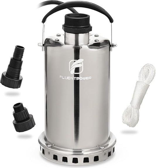 FLUENTPOWER 3/4HP Submersible Sump Pump, 3300GPH Stainless Steel Utility Water Pump, Manual Control with 26-Foot Cord for Pool Tub Garden Pond Basement Flood Cellar Draining