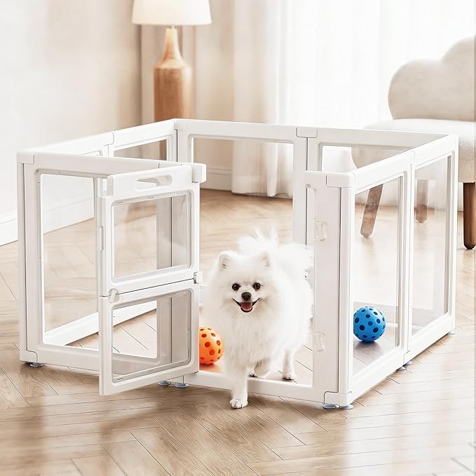 Acrylic Dog Playpen,Clear Plastic Dog Play Pen Indoors,Easy Assemble Dog Playpen-Puppy Playpen,Rabbit and Cat, Small Pet Pen, Dog Pen Indoor (White, 30.3" H, 8PCS)
