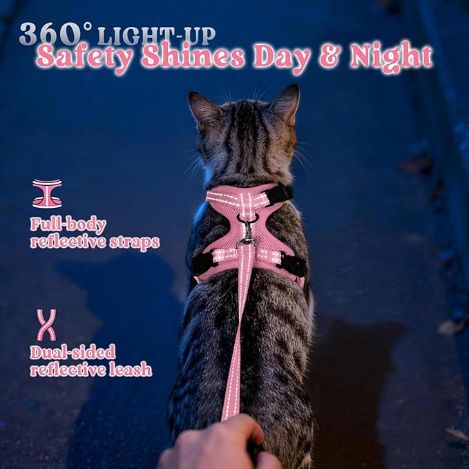 rabbitgoo Cat Harness and Leash, Escape Proof Vest with 3 Adjustable Buckles, Soft Comfortable Kitten Harness, Easy to Wear, Reflective for Safe Outdoor Walking, Small, Pink