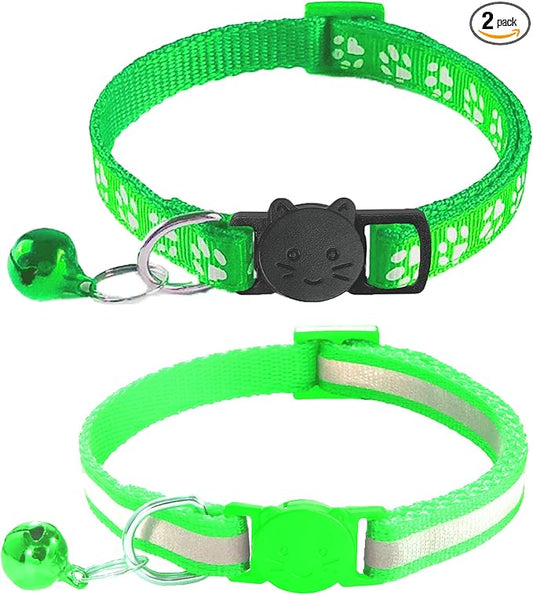 2 Pack Breakaway Cat Collars with Bells, Reflective Design and Claw Print Design, Safety Buckle Kitten Collars Adjustable from 7.5 to 12.5 Inches (Green)