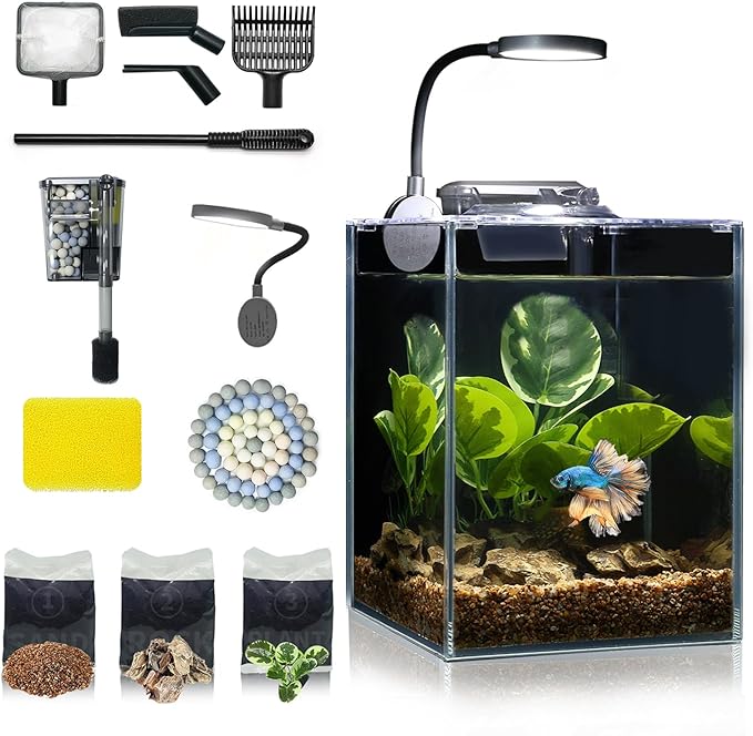Desktop Small Aquarium Set Glass Fish Tank 1.25 Gallon, with Water Pump Filter Bright LED Light Gravel Cleaning Tool, Starter Kit Small Space Easy Setup Space-Saving Design Betta Shrimp