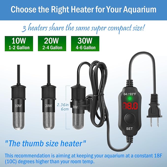Super Mini Aquarium Heater 20W Betta Heater for 2-4 Gallon Tanks, Small Fish Tank Heater Turtle Heater with Dry-Run/Overheat Protection, Memory Function