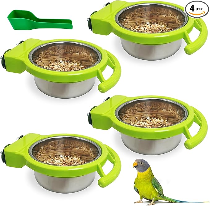 BNOSDM Hanging Stainless Steel Bird Bowls 4 PCS Bird Feeding Dish Cups with Perch Stand Birds Food Container Food and Water Bowls with Spoon for Budgie Cockatoo Finch Lovebirds Pigeons (Green)