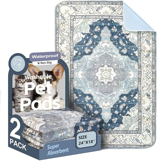 Washable Pee Pads for Dogs, 2 Pack Reusable Puppy Training Pads 24"x18" Super Absorbent Waterproof Dog Training Pads, Non-Slip Potty Pads, Whelping Pads Litter Mat Navy & Ecru