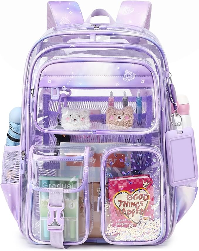 Clear Backpack for School,Transparent Backpack Stadium Events,Heavy Duty Clear Bookbag for Girls,Boys,Work,Sport Purple Sparkle