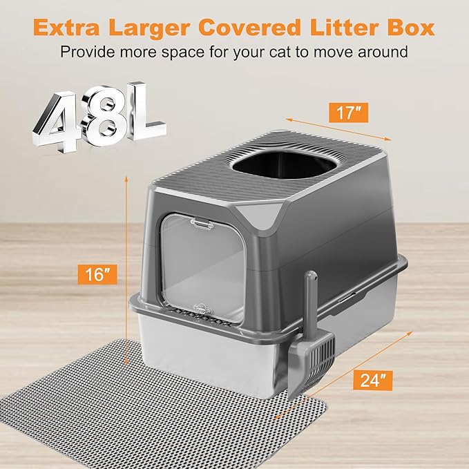 Extra Large Stainless Steel Cat Litter Box Enclosed with Lid - 24" x 16" x 17" Metal Cat Litter Box XXL for Cats, Front Top Entry High Side Kitty Litterbox with Scoop & Mat, Anti Leakage, No Sticky
