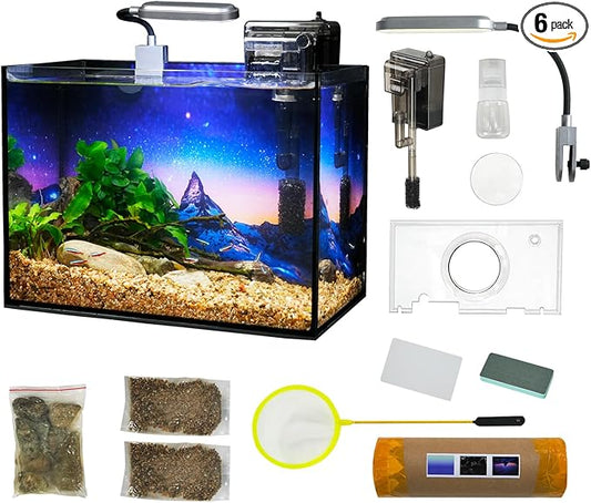 2.8 Gallon Glass Fish Tank with Filter LED Light Complete Betta Fish Tank Starter Kit for Small Aquarium Lovers, Rimless Freshwater Nano Tank with All Essentials Included