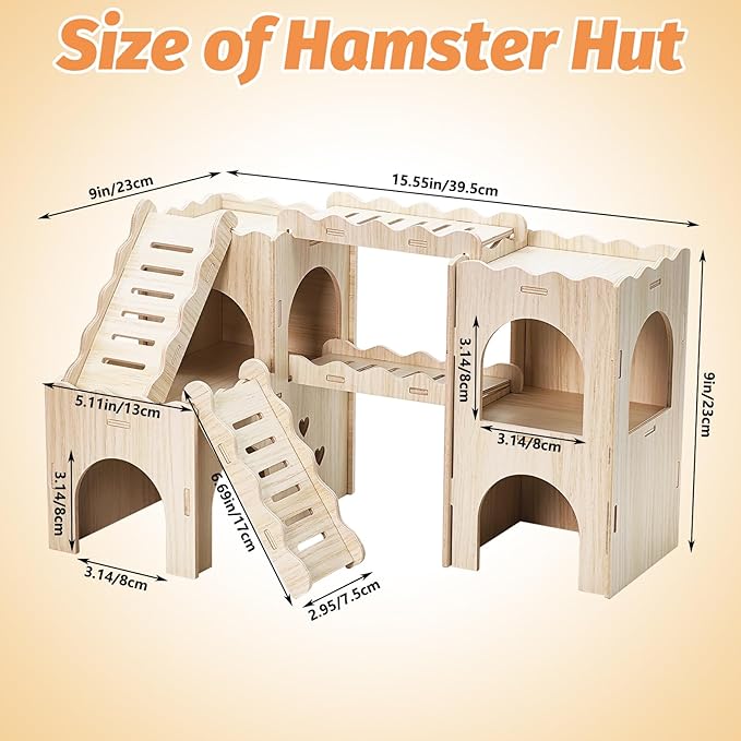 BNOSDM Large 6-in-1 Hamster Playground, Multi-Level Wooden Hamster Houses and Hideouts with Double Slides, Hide Hut for Multiple Dwarf Hamsters, Syrian, Gerbils