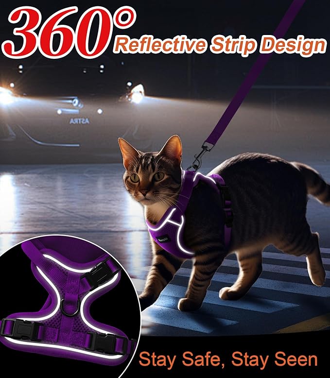 Cat Harness and Leash for Walking Escape Proof Soft Adjustable Cat Leash Breathable Comfortable Vest Easy to Wear Kitten Harness for Outdoor Travel (Purple, S (7-12lb))
