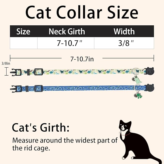Cat Collar Breakaway, 2 Pack Cotton Kitten Collars with Bells and Removable Charms, Cute Dinosaurs Shaped for Indoor Boy, Girl and Adult Cats
