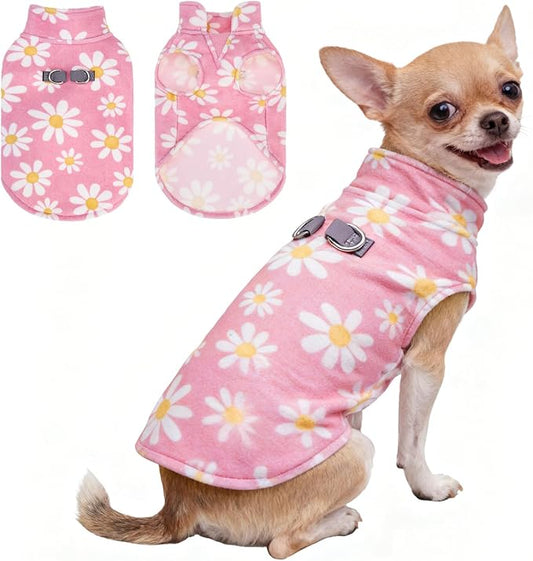 BEAUTYZOO Dog Fleece Vest Sweater Winter Jacket for Small and Medium Dogs with D-Ring Leash Cold Weather Coat Hoodie for XS S M Dogs Boy or Girls,Pink Daisy L