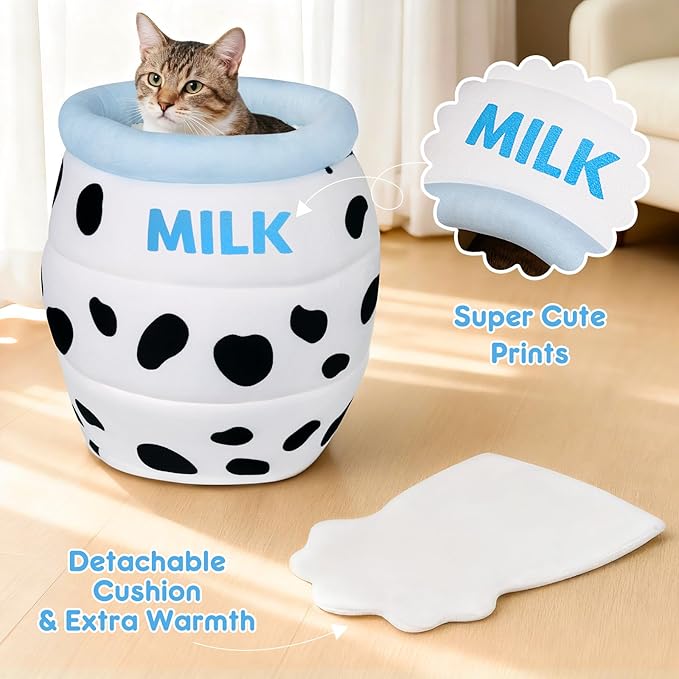 Milk Bottle Cat Cave Bed - Covered Cat Beds for Indoor Cats with Removable & Washable Cushion, Enclosed Kitten Puppy Hut, Cute Kitty Hideaway for Small Cats Dogs and Pet Breeds
