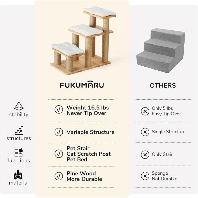 FUKUMARU Dog Stairs, Solid Wood Pet Stairs with Cat Scratching Post, Transformable Cat Ramp Can Hold Up to 200 lbs, 20 Inch Pet Steps for Dogs and Cats to Climb High Bed and Couch, Over 6 Combinations