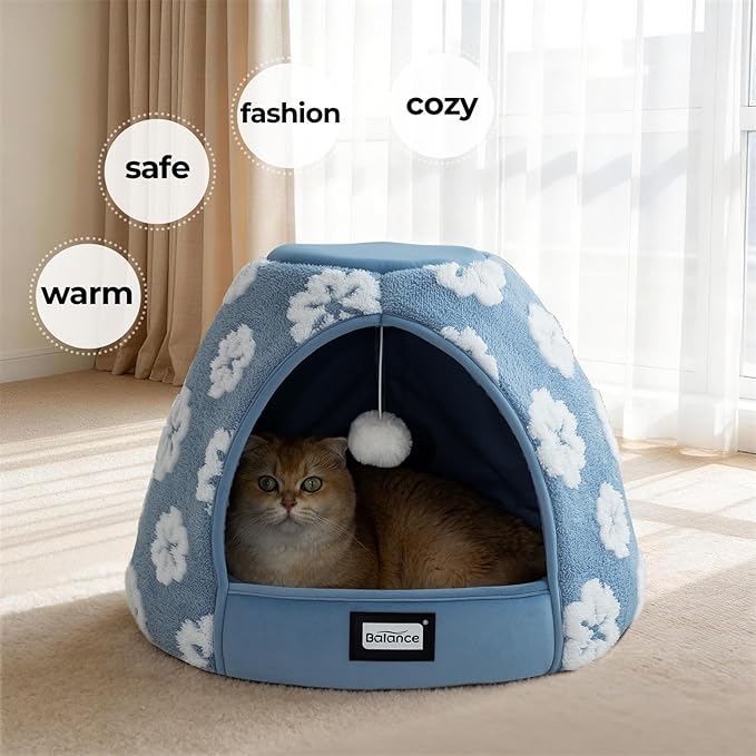 BALANCE Cat Beds for Indoor Cats, 2-in-1 Cat Bed Cave with Anti-Slip Bottom and Ultra-Soft Plush, Cozy Cats House Tent for Kittens and Small Dogs, 21 Inches, Blue