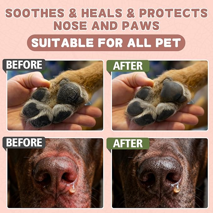 Dog Paw & Nose Balm for Dry Cracked Paws, Lick-Safe Natural Paw Pad Balm for Dogs & Cats, Moisturizing Protection from Snow, Salt & Hot Pavement, 60g